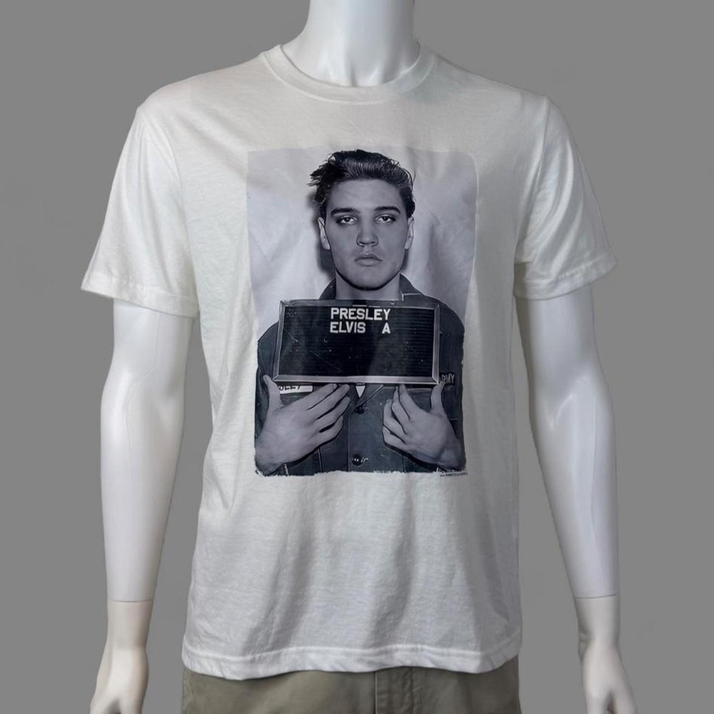 Elvis Presley Mugshot Graphic T-Shirt Men's M White Rockabilly Rock & Roll